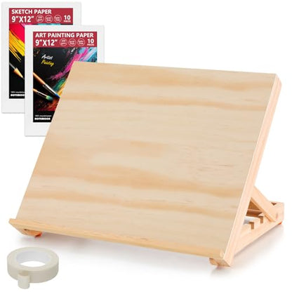 13.8"x11.4" Wooden Tabletop Easel with Paint & Sketch Papers, Masking Tape | Adjustable Art Easel Stand with 3 Angle Settings, Drawing Board for Canvas Painting, Sketching and Book, Tablet Display