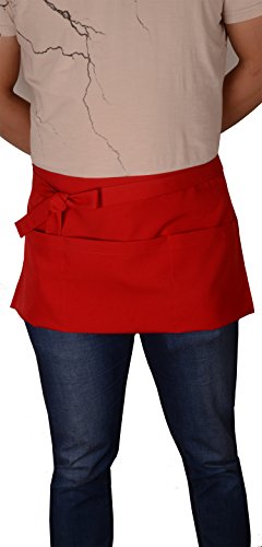 Resist water 3 big Pockets Waist Server Apron Kitchen Restaurant Unisex Half Aprons - color: Red