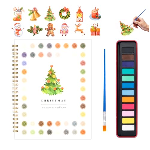 Watercolor Workbook for Adults, Beginner Friendly Watercolor Painting Kit Christmas Water Coloring Book, Nature-Themed Practice Art Gift Water Color Paint Book with Palette and Brush - color: Christmas Winter