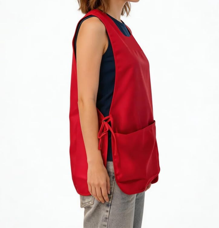 Large Smock Cobbler Apron for Men & Women, Adjustable Side Ties & 2 Pockets - color: Red