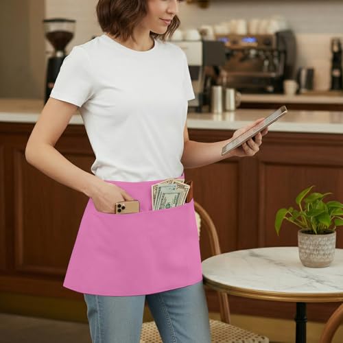 BOHARERS Pink Waitress Apron for Women with 3 Pockets - Durable Server Aprons for Restaurant Waterproof Oilproof - color: G-1 Pack Pink