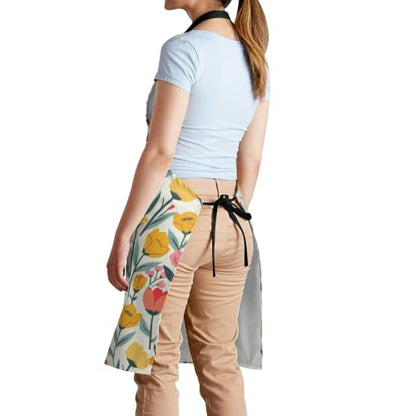 Cream Pastel Wildflower Art Waterproof Apron with Pockets | Garden Aprons for Men Women Adjustable Bib Apron for Cooking Kitchen Baking BBQ Painting Housework Oil Resistant - color: Cream Tulip Garden