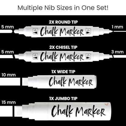 Chalkola 6 White Chalk Markers - Bullet & Chisel Dual Tip (1mm, 3mm, 5mm, 10mm, 15mm) | Erasable Liquid Chalk Pens for Blackboard, Car Window, Bistro, Glass | Washable Chalkboard Markers - style: 6 White - Dual + 10/15mm