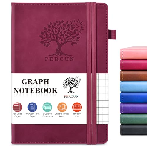 PERCUN A5 Graph Paper Notebook, Leather Journal, 160 Pages Grid Notebook | 5.9"x8.5" hardcover journal with quad ruled paper for work, school, writing, notes, journaling and daily planning. - color: Wine red, size: Grid Page
