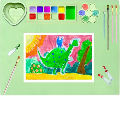 Silicone Painting Mat,20"X16"Large Silicone Art mat, Art Mat with Cup, Easy Clean up, Protects Surfaces Perfectly. for Paint, Color, Play with Clay/Play Dough.(Green) - color: Green