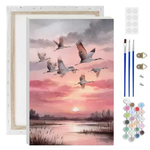 Lxmsja Flying Cranes Paint by Numbers Kit for Adults, Sunset Sky Acrylic Paint by Numbers for Adults Beginner, DIY Craft Supplies Oil Painting Kits for Home Wall Decor 8x12 inch (Framed) - color: black#099