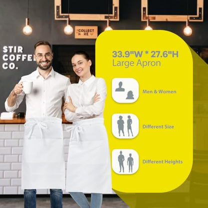 ROTANET Long Server Apron Black with 3 Pockets Bistro Half Aprons for Men Women Waiter Waitress Chef 28 Inch Waterproof - color: White
