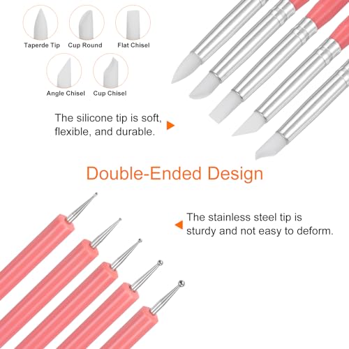 HARFINGTON 5 Pcs Silicone Clay Sculpting Tool Double-Ended Rubber Tip Metal Ball Silicon Shaper Pens Modeling Stylus Dotting Tool for DIY Handicraft Sculpture Pottery Painting, Pink - color: Pink