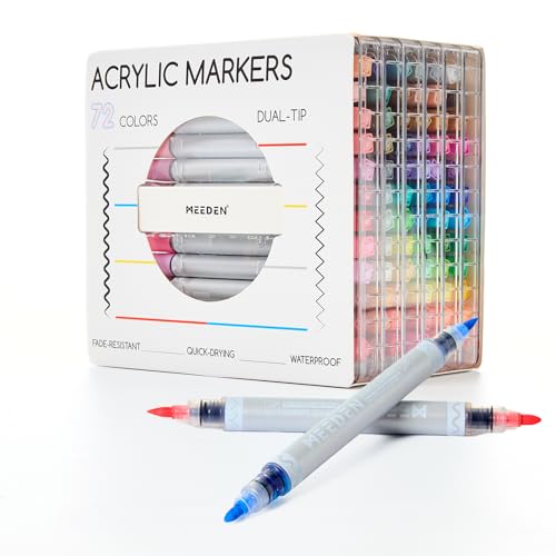 MEEDEN Artist Acrylic Paint Markers: 72 Colors Dual Tip Acrylic Marker with Brush & Round Tip - Waterproof Paint Pens Markers with Automatic Ink Control for Wood, Canvas, Glass, Rock, DIY, Ceramic - color: 72 Colors