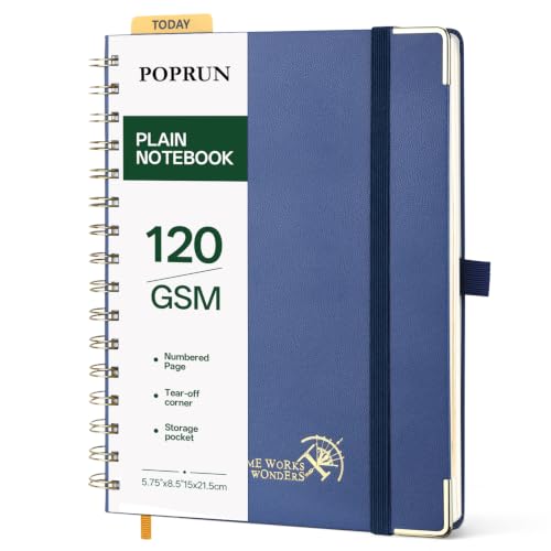 POPRUN Blank Spiral Journal Notebook, A5 Hardcover Sketch Books, 141 Pages Unlined Journals for Women Men, 120 GSM Plain Notebooks for Sketching, Drawing, Painting, 5.75'' x 8.25'', Navy Blue - color: Navy Blue, style: Minimalist