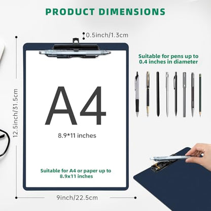 FRETONBA Blue Clipboard with Pen Holder, Set of 6 Plastic Clipboard with Low Profile Metal Clip, Hanging Clip Boards Holds 8.5x11 Inch Papers, Standard A4 Letter Size Clip Boards for Offices & School - style: 6 Pack-Blue