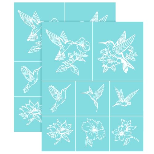 2 Sheets Hummingbird Silkscreen Stencil, Bird Flower Painting Stencils Templates Reusable Self-Adhesive Silk Screen Printing for Wall Border Wood Fabric Home Craft Decor - style: Hummingbird