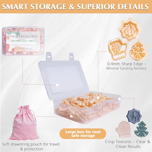 70 Pcs Fall Winter Polymer Clay Cutters, Halloween Thanksgiving Christmas | Pumpkin, Ghost, Turkey, Snowflake & Gingerbread Shapes, 0.4mm Sharp Edge, Clean Cuts, Less Sanding, Storage Box