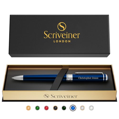Scriveiner Personalized Midnight Blue Ballpoint Pen - Stunning Blue Lacquer Luxury Pen, Chrome Finish, Schmidt Ink Refill, Best Engraved Ball Point Gift Set for Men & Women, Custom Name Engraving - color: 9. Midnight Blue with Chrome (Personalized)