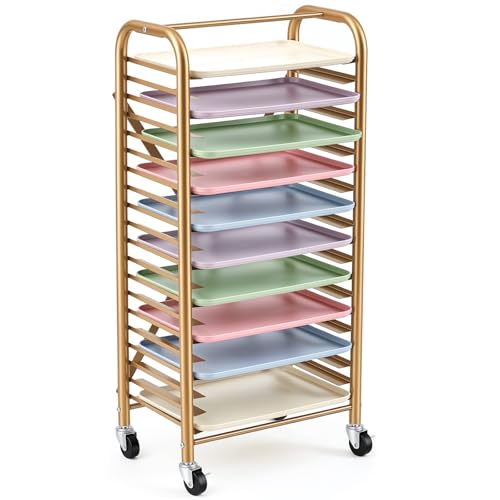 LEIFIDE Mobile Art Drying Rack with 10 Colorful Tough Trays, Paint Rack with 4 Wheels, Large Capacity Classroom Painting Organizer, Metal Frame, for Kids, School & Art Studio