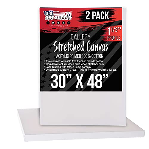 U.S. Art Supply X-Large Stretched Canvas for Painting 30x48 inch Gallery Depth 1-1/2" Thick, 2-Pack - 12oz Acrylic Gesso Triple Primed, Professional Artist Quality, 100% Cotton - Oil, Pouring Paint - size: 30" x 48"