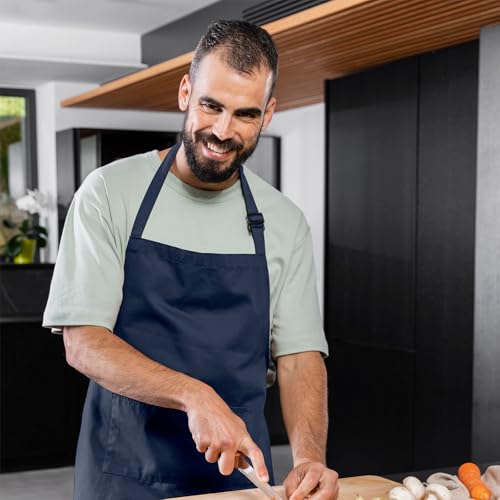 Adjustable Bib Apron 100% Polyester Kitchen Aprons Waterdrop Resistant Aprons with Adjustable Strap, Pockets & Long Ties - color: Navy Blue, style: Pack of 12