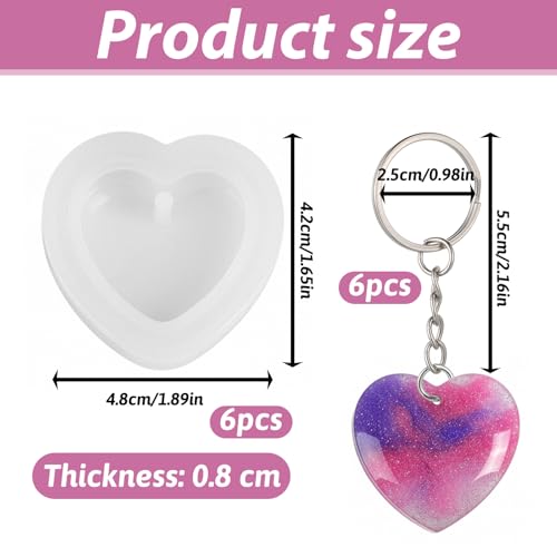6 Pcs Heart Resin Mold with Key Rings and Hole Love Heart Shape Silicone Molds for Resin Silicone Jewelry Casting Cute Hearts Casting Molds for DIY Craft Jewelry Pendant Earring