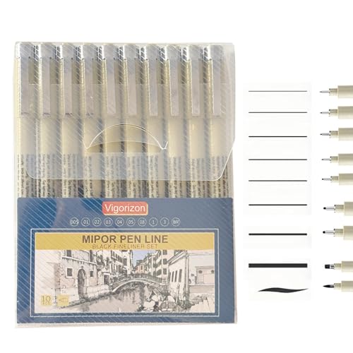 MIPOR PEN LINE Black Fineliner Set 10pcs, Micro-Line Drawing Pens with Multiple Nib Sizes for Art Sketching, Illustration, Technical Drawing