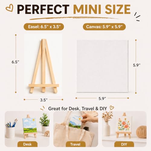 10 Set Mini Acrylic Paint Kit, Mini Canvas with Wooden Easels Acrylic Paints Strips, Minis Easel with Canvases for Kids Adults Classroom Birthday Painting Party (6 x 6Inch)
