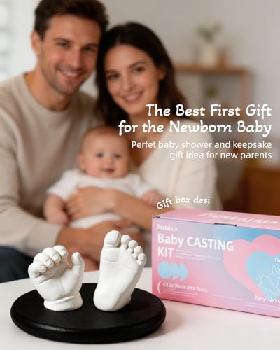 Baby Casting Kit Footprint and Hand Mold Pink & Blue with Wood Base, Personalized Newborn Shower Gifts for Baby Boy and Girl 0-9 Months