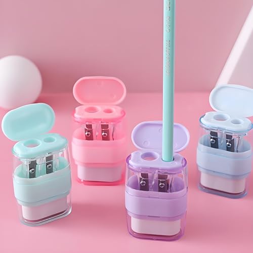1PCS Manual Pencil Sharpener with Eraser, 2 Sharpening Holes Sharpener with Eraser for School, Office and Home Supplies (Pink) - color: Pink