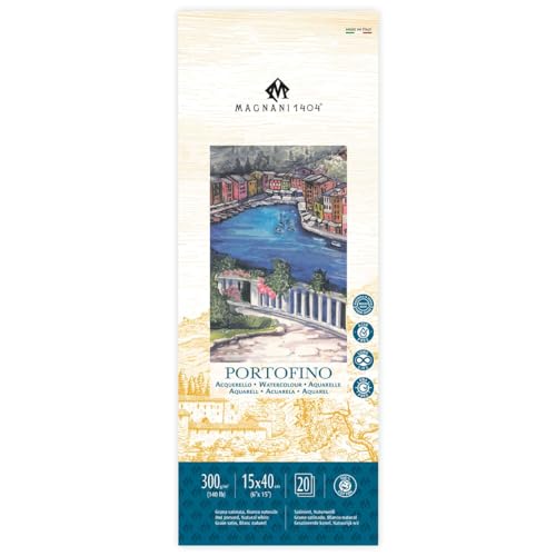 Magnani 1404 Portofino Hot Press 100% Cotton Watercolor Paper Pad, 20 Sheets, 6x15, 140 lb, Acid-Free, UV Resistant, pH-Neutral, Vegan Sized Water Color Paper for Artists, Made in Italy - size: 6x15" Pad