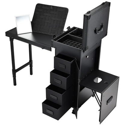 Joligrace Rolling Manicure Table with Pedicure Chair 4 Drawers Rolling Makeup Case Foldable Nail Desk Cosmetology Case on Wheels Brush Pouch Mirror Nail Kits Technician Workstation Artist Trolley