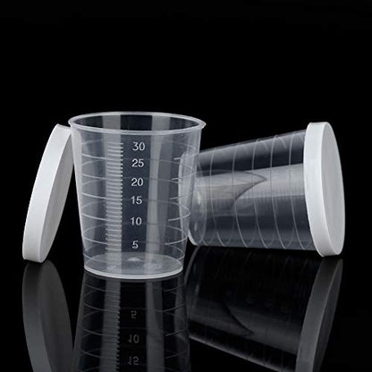 AKOAK 100 Pieces 30 ml (1 oz) Graduated Cup - Plastic Measuring Cup, Disposable Mixing Cup for Mixing Pigments, Paints, Liquids, Epoxies, Resins - With Lid