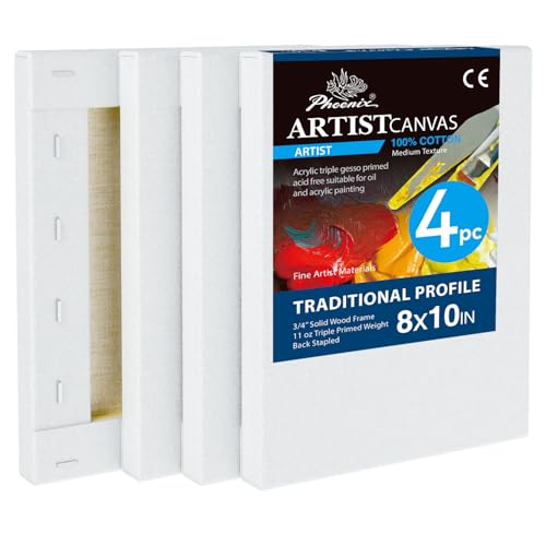 PHOENIX 8x10 Inch 4 Pack Artist Canvas - Small Stretched Canvases for Painting - 3/4 Inch Profile, 100% Cotton 11 Oz. Gesso Primed White Blank Professional Canvas Oil & Acrylic Paints - size: 8"x10" / 4 PACK, style: Traditional