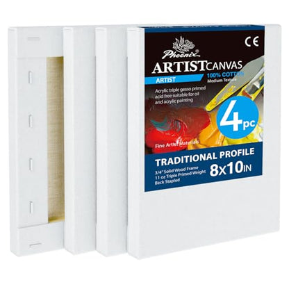 PHOENIX 8x10 Inch 4 Pack Artist Canvas - Small Stretched Canvases for Painting - 3/4 Inch Profile, 100% Cotton 11 Oz. Gesso Primed White Blank Professional Canvas Oil & Acrylic Paints - size: 8"x10" / 4 PACK, style: Traditional