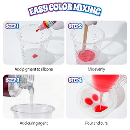 Silicone Mold Making Kit with 4-Color Pigment Set, 15A Platinum Cure Liquid Silicone Rubber, 1:1 Mix, DIY Mold & Custom Color Bundle