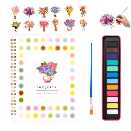 Watercolor Workbook for Adults, Beginner Friendly Watercolor Painting Kit Bouquet Water Coloring Book, Nature-Themed Practice Art Gift Water Color Paint Book with Palette and Brush - color: Bouquet
