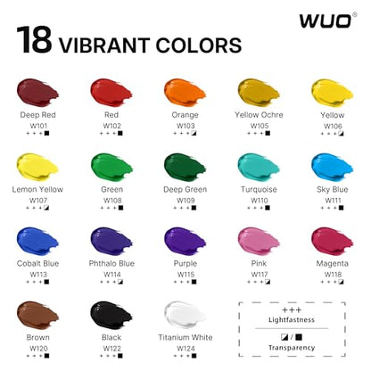 WUO 18 Colors Acrylic Paint Set, 250ml/8.45oz Bottles Acrylic Paint, Professional Large Bulk Rich Pigment, Non-Toxic Multi-Surface Art Supplies for Artists Beginners Adults on Canvas Wood Rock Crafts - color: 18 Colors