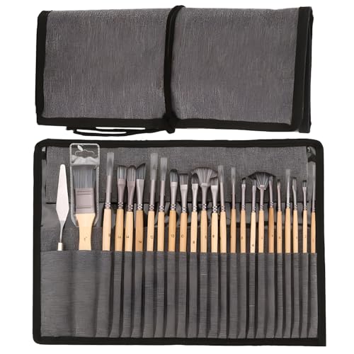 24pcs Paint Brush Set, Expert Series, 23 Different Shapes + Mixing Knife with Cloth Roll Case, Enhanced Synthetic Painting Brushes Set for Acrylic, Watercolor, Oil, Gouache (Yellow) - color: Yellow