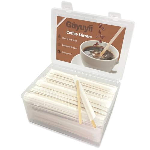 Guyuyii 500 Pcs 5.5" Coffee Stirrers Individually Wrapped with Storage Box | Wooden Stir Sticks for Offices, Coffee Bars, Cafes | Paper Wrapping, Compatible with Hot Drinks, Cold Drinks, Cocktails - size: 5.5 Inch (500 Count）