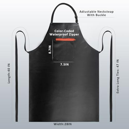 Waterproof Apron, Heavy Duty Extra Long Rubber Vinyl Aprons with Pocket for Men, Adjustable Dishwasher Chemical Resistant Aprons for Dishwashing, Cooking, Butcher, Lab, Gardening