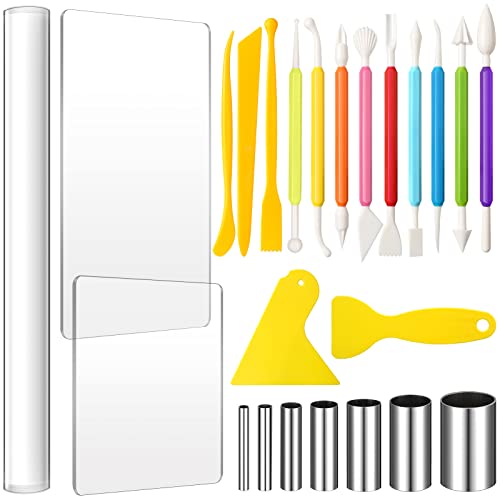 Honoson 24 Pcs Clay Sculpting Tools Kits Polymer Clay Tools DIY Set with Roller, Acrylic Sheet, Scraper Backing Board, Round Circle Shape Cutter, Shaping for Art Craft(Colorful) - color: Colorful