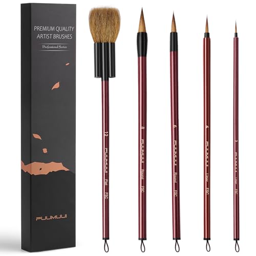 Watercolor Brushes Set, Fuumuui 5Pcs Goat Mixed Sable Hair with Nylon Water Color Paint Brush with Flat Round Detail for Watercolor, Pottery, Acrylic, Gouache - color: Red
