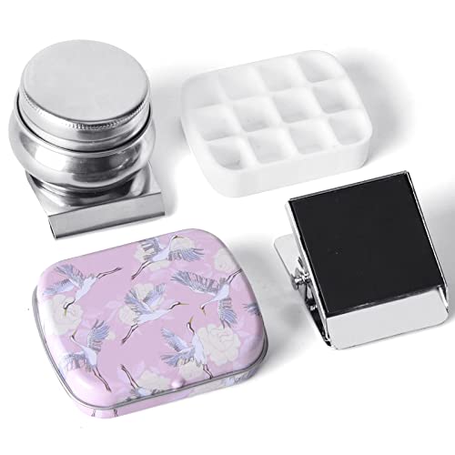 Portable Mini Tin Box,12-Well Empty Watercolor Palette,Small Paint Storage Travel Artist Outdoor Sketch Watercolor Kits with Magnetic Clip and Oil Pot. Pink Crane - color: Outdoor Painting Set-pink Crane