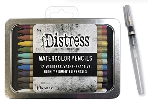 Ranger Ink Tim Holtz Distress Watercolor Pencils - Set 1 - Pack of 12 - and Detailer Water Brush