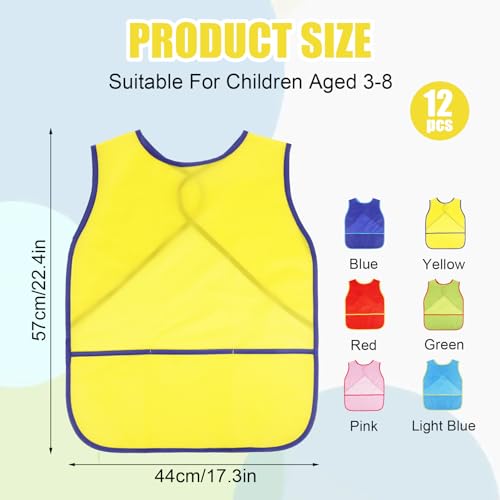 Kids Art Smock Sleeveless Painting Apron 3-8 Years | 3 Deep Pockets, Washable Waterproof Coverall for Painting, Crafts, Messy Play - Ideal for Boys Girls Classroom & Home - color: Blue, Yellow, Red, Green, Pink and Light Blue