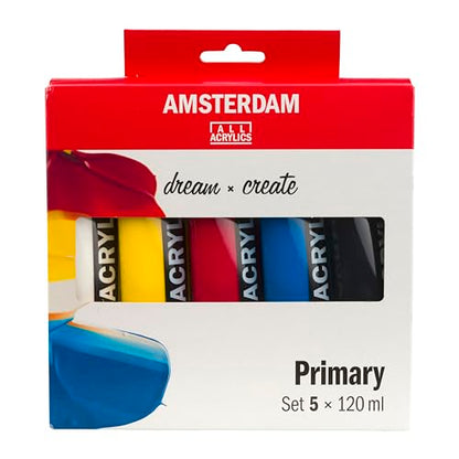 Amsterdam Standard Series acrylic paint primary set | 5 x 120 ml (17791905) | Acrylic Paint with Non-Fading Pigment, Quick Drying Time, Uniform Finish, Water-Based Formula