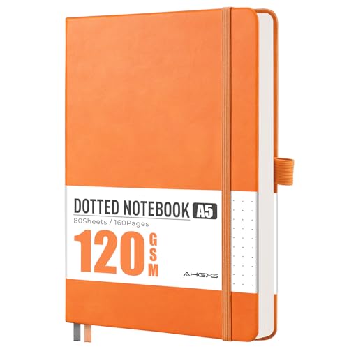 AHGXG Dotted Journal Notebook, 160 Numbered Pages, A5 Medium Size (5.7'' x 8.3''), 120 GSM Thick Paper, Leather Hardcover, for Journaling, Planning, Tracking (Orange) - color: Orange, style: Dotted