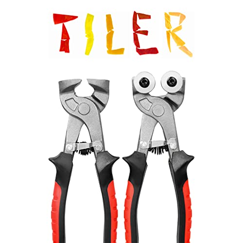 TILER 2 Piece Glass Tile Nippers Set - Heavy Duty Wheeled Glass Mosaic Nipper & Hd Ceramic Tile Nipper, Tile Cutter Pliers Soft-grip Handle - Shapping Plier,Stone, Metal