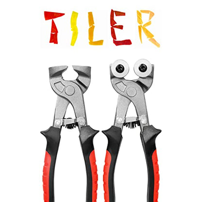 TILER 2 Piece Glass Tile Nippers Set - Heavy Duty Wheeled Glass Mosaic Nipper & Hd Ceramic Tile Nipper, Tile Cutter Pliers Soft-grip Handle - Shapping Plier,Stone, Metal