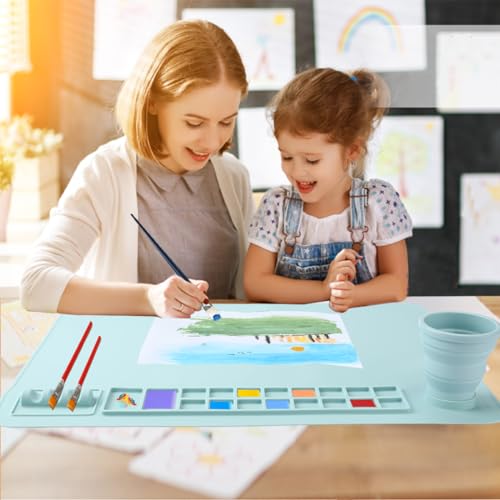 Silicone Painting Mat, 20"x 16" Silicone Art Mat with Cup, Kids Painting mat for Resin, DIY, Drawing Resin, Paint, Clay， Large Craft, (Blue) - color: Blue