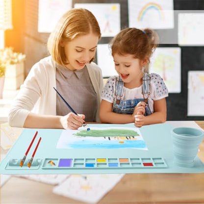 Silicone Painting Mat, 20"x 16" Silicone Art Mat with Cup, Kids Painting mat for Resin, DIY, Drawing Resin, Paint, Clay， Large Craft, (Blue) - color: Blue