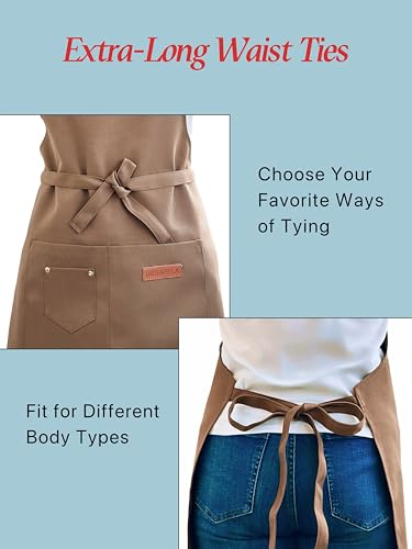 Kitchen Cooking Apron for Women Men Water-Resistant Artist Barista Baking Craft Catering Work Bib with Large Pockets - color: Brown