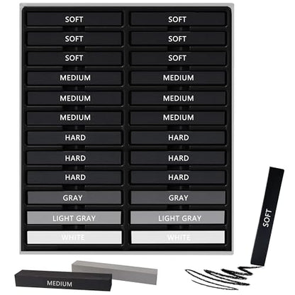 24 Pcs Compressed Charcoal Sticks with Soft, Medium, Hard and White Charcoal, Square Vine Charcoal Stick Kit for Drawing, Sketching and Shading, Art Supplies for Artists Beginners